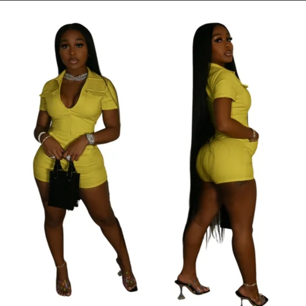 Awake'n Yellow 🟡 Summer Playsuit Women Short Sleeve Romper 2 Pocket Embroidered